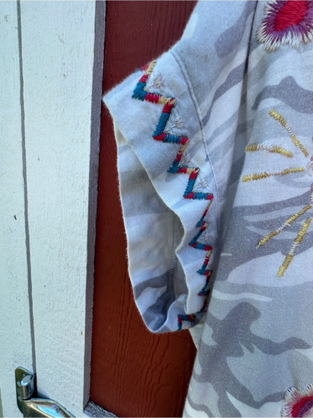 Johnny Was camo tee with embroidered pink and gold floral patch. XS, Runs large! - Picture 4 of 10